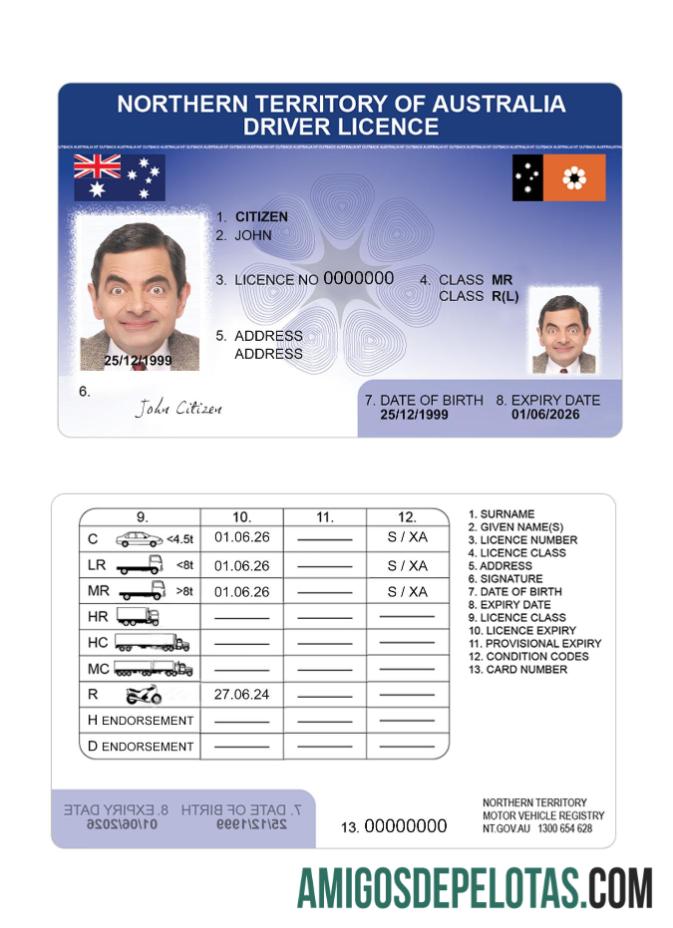 Carteira de motorista do Território do Norte da Austrália modelo